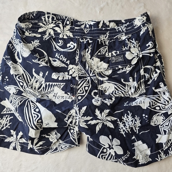 Polo Ralph Lauren Swimwear mens Large Hawaiian Print Aloha Navy White Preppy - Picture 8 of 10